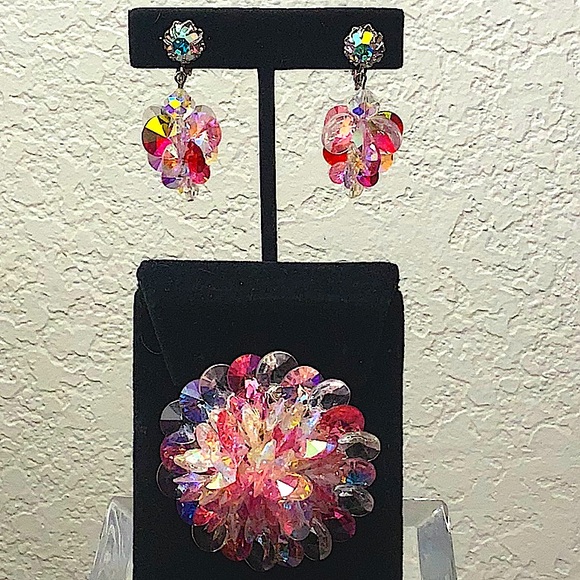 VENDOME BROACH & EARRINGS PINK & CLEAR AURORA BOREALIS CRYSTALS SILVER VINTAGE - Picture 4 of 14
